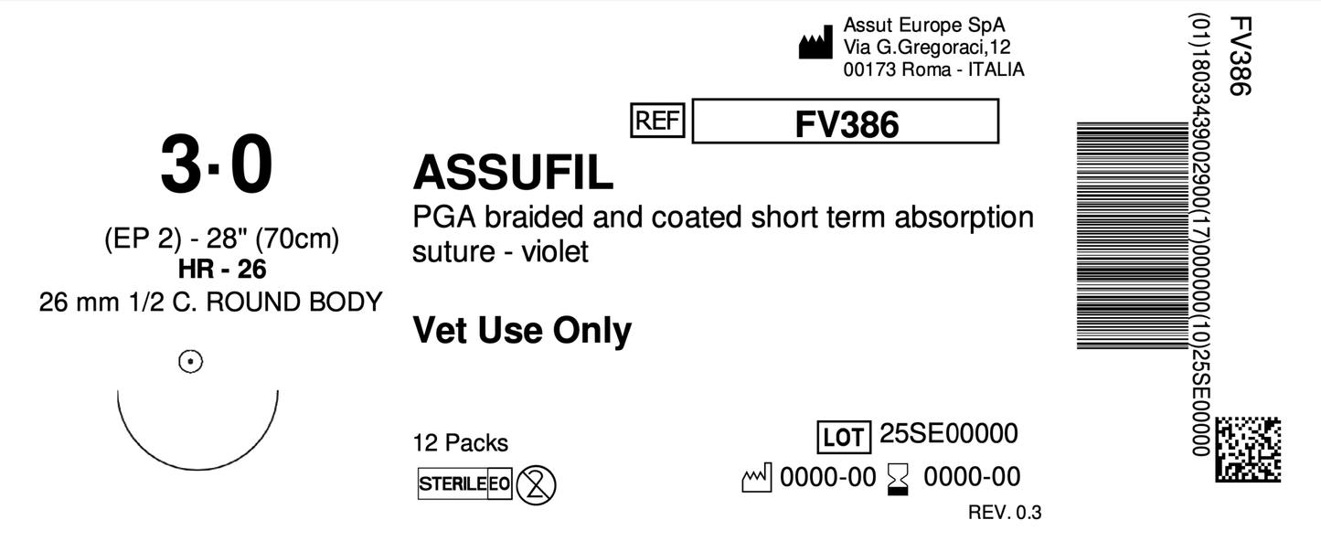 ASSUFIL Absorbable Surgical Suture USP Size 3-0, (HR-26) 26mm 1/2 C. TAPER, 28 Inches (70 cm), 12 Count, Veterinary Use Only