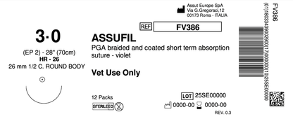 ASSUFIL Absorbable Surgical Suture USP Size 3-0, (HR-26) 26mm 1/2 C. TAPER, 28 Inches (70 cm), 12 Count, Veterinary Use Only