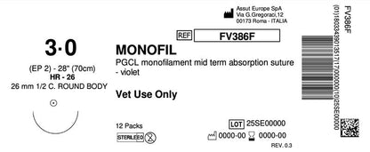 MONOFIL Absorbable Surgical Suture USP Size 3-0, (HR-26) 26mm 1/2 C. TAPER, 28 Inches (70 cm), 12 Count, Veterinary Use Only