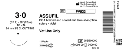 ASSUFIL Absorbable Surgical Suture USP Size 3-0, (DS-24) 24mm 3/8 C. Cutting Edge, 28 Inches (70 cm), 12 Count, Veterinary Use Only