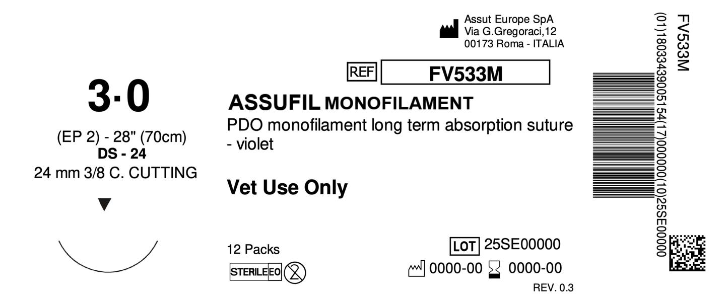ASSUFIL MONOFILAMENT Absorbable Surgical Suture USP Size 3-0, (DS-24) 24 mm 3/8 C. CUTTING EDGE, 28 Inches (70 cm), 12 Count, Veterinary Use Only