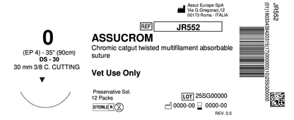 ASSUCROM Absorbable Surgical Suture USP Size 0, (DS-30) 30mm 3/8 C. Cutting Edge, 35 Inches (90 cm), 12 Count, Veterinary Use Only