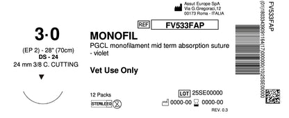 MONOFIL Absorbable Surgical Suture USP Size 3-0, (DS-24) 24mm 3/8 C. Cutting Edge, 28 Inches (70 cm), 12 Count, Veterinary Use Only