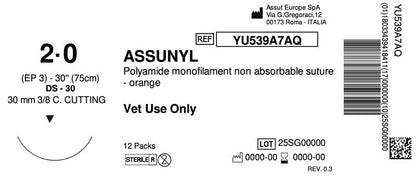 ASSUNYL Non-Absorbable Surgical Suture USP Size 2-0, (DS-30) 30 mm 3/8 C. Cutting Edge, 30 Inches (75 cm), 12 Count, Veterinary Use Only